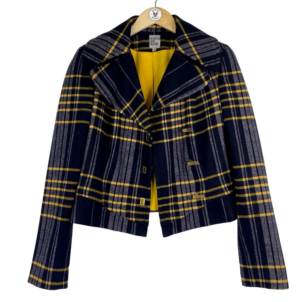 People Like Frank Tartan Plaid Cropped Jacket Navy Yellow Womens Sz 8